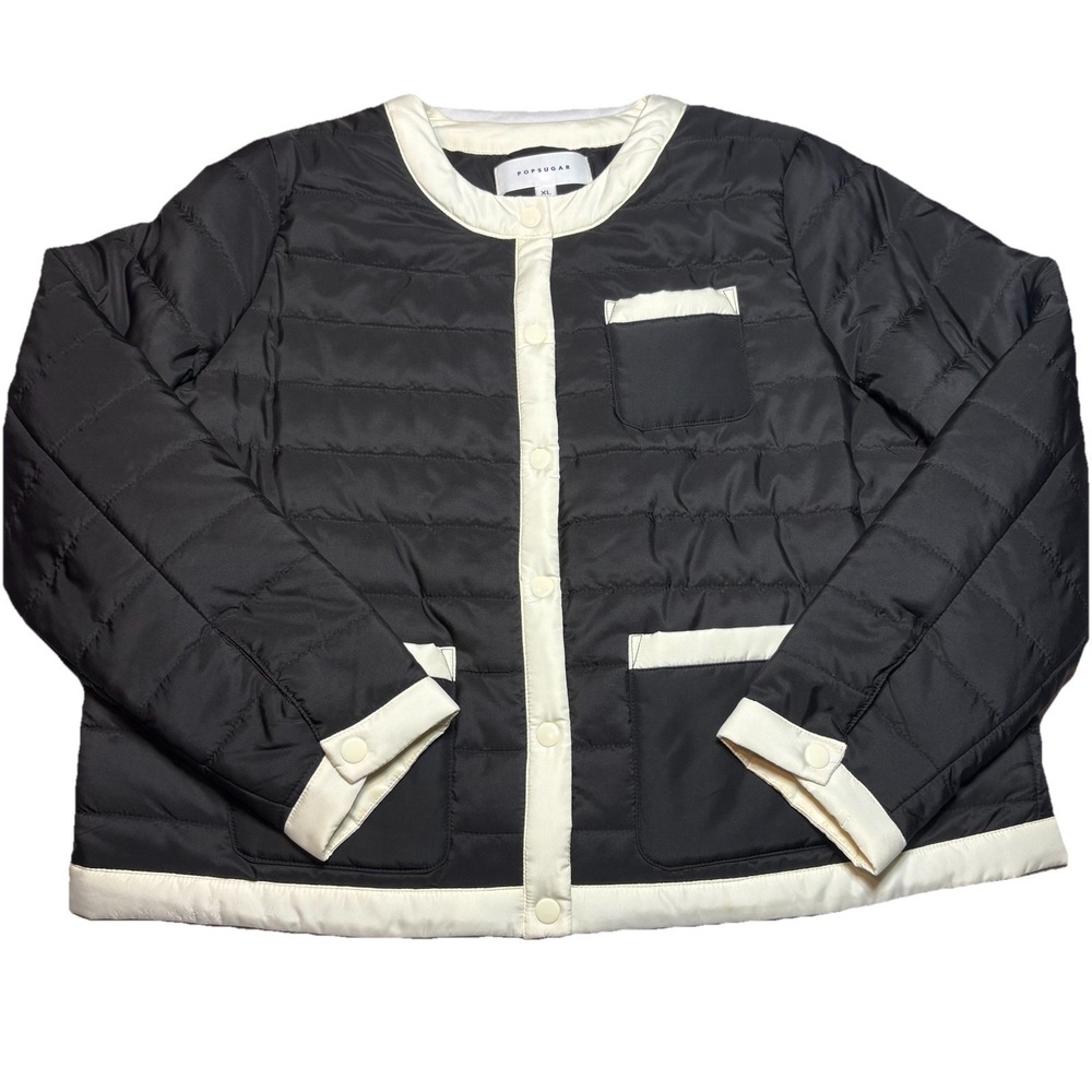 PopSugar Womens XL Lightweight Puffer Jacket Black White Trim Snap Front